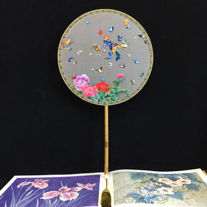 Hand double sided su silk embroidery fan:leaves flower birds butterfly (two-sided reversible )