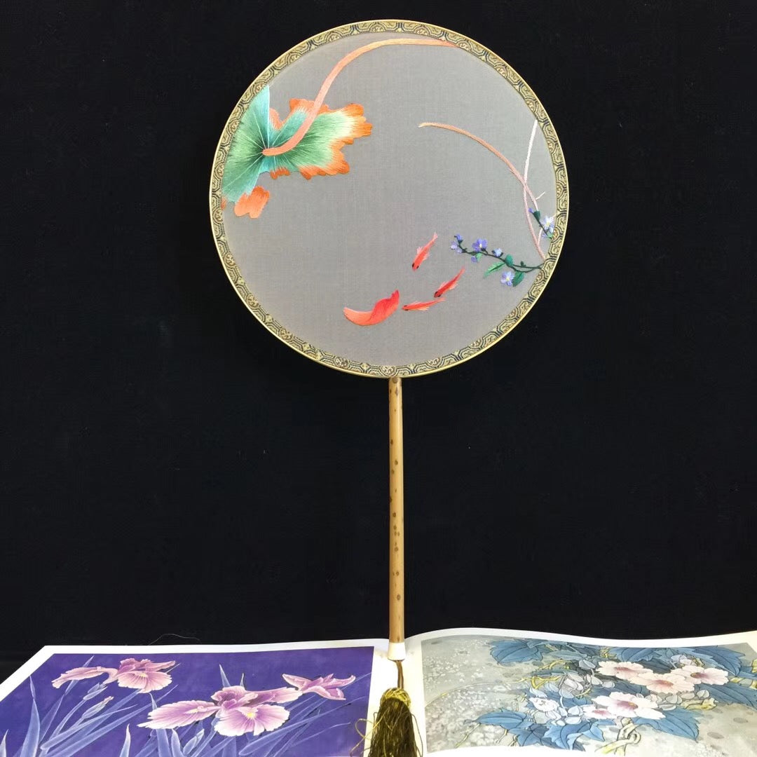 Hand double sided su silk embroidery fan:leaves flower birds butterfly (two-sided reversible )