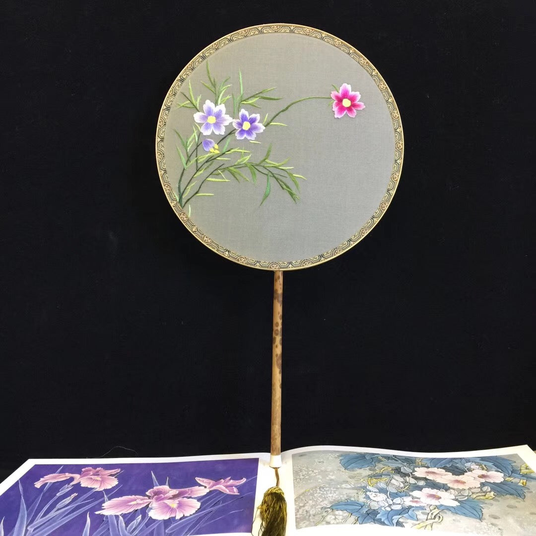 Hand double sided su silk embroidery fan:leaves flower birds butterfly (two-sided reversible )