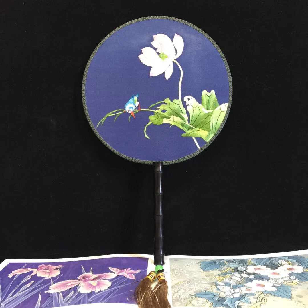 Hand double sided su silk embroidery fan:peacock flower birds orchis panda (two-sided reversible )