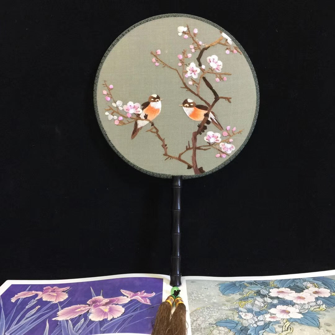 Hand double sided su silk embroidery fan:peacock flower birds orchis panda (two-sided reversible )