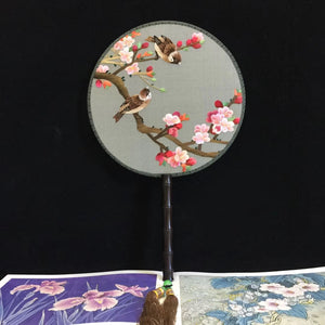 Hand double sided su silk embroidery fan:peacock flower birds orchis panda (two-sided reversible )