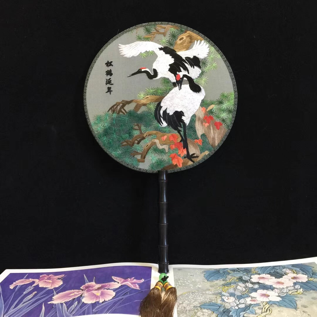 Hand double sided su silk embroidery fan:peacock flower birds orchis panda (two-sided reversible )