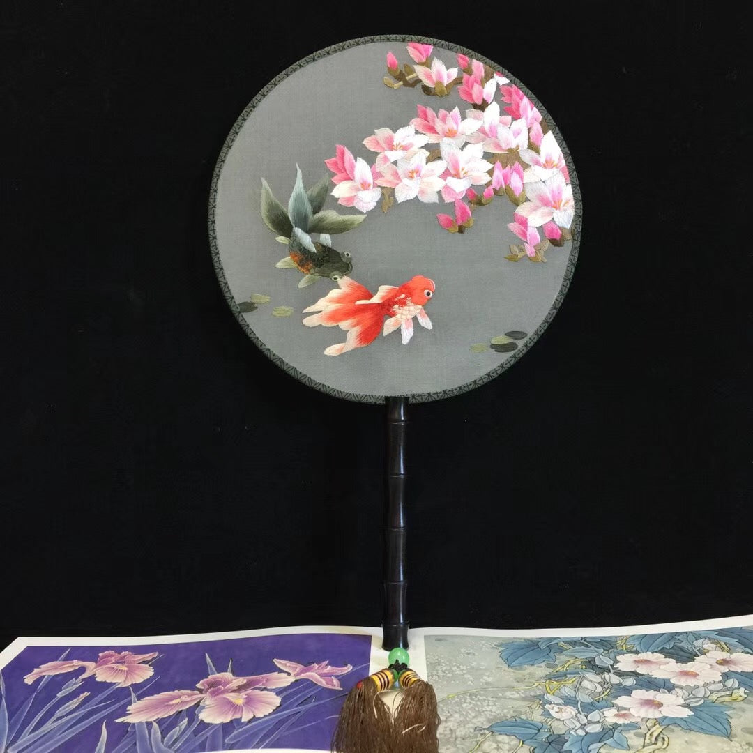 Hand double sided su silk embroidery fan:peacock flower birds orchis panda (two-sided reversible )