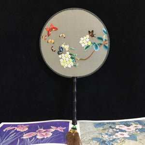 Hand double sided su silk embroidery fan:peacock flower birds orchis panda (two-sided reversible )