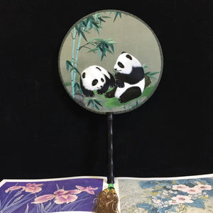 Hand double sided su silk embroidery fan:peacock flower birds orchis panda (two-sided reversible )