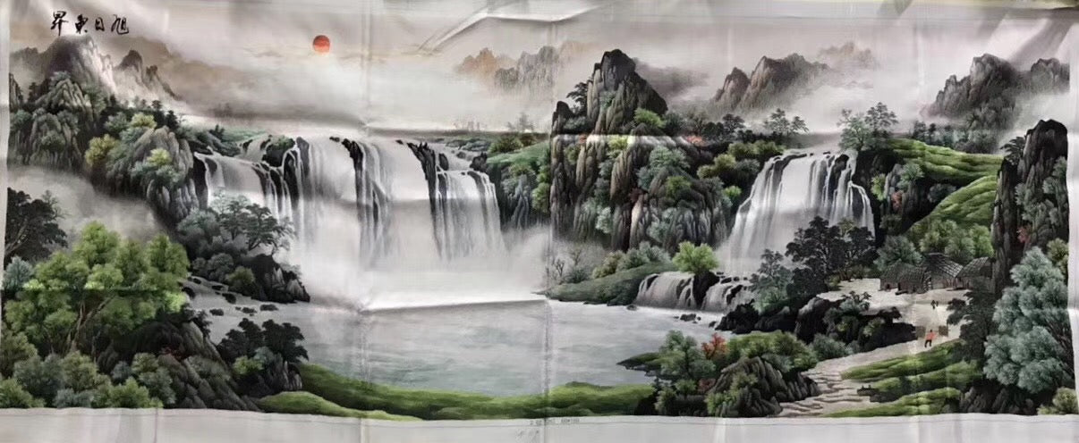 Big Hand Su Embroidery Art:Great Wall trees mountain waterfall landscape 160cm