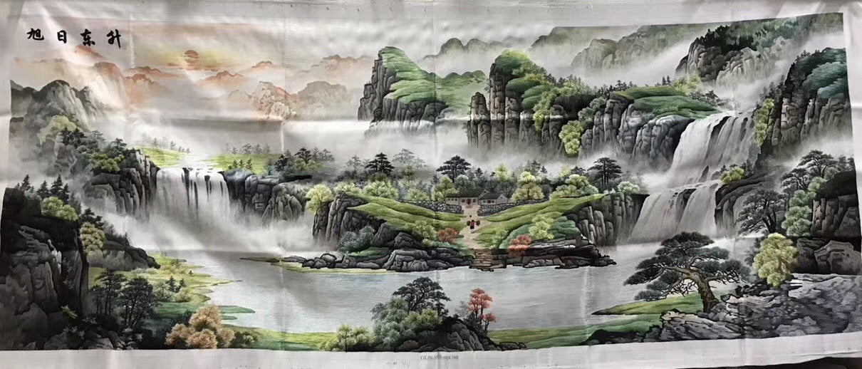 Big Hand Su Embroidery Art:Great Wall trees mountain waterfall landscape 160cm