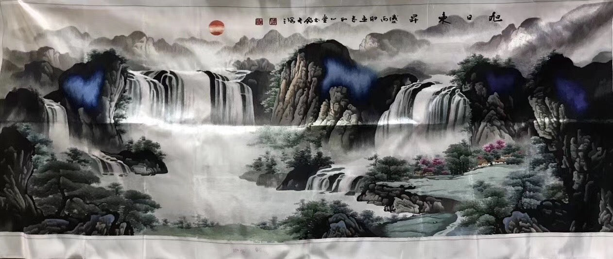 Big Hand Su Embroidery Art:Great Wall trees mountain waterfall landscape 160cm