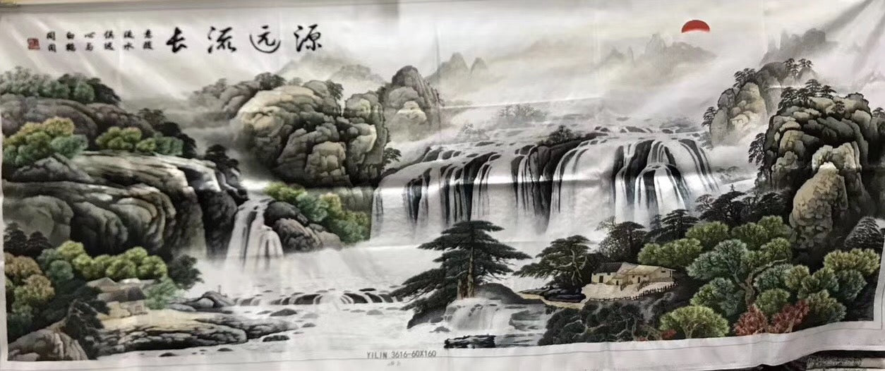 Big Hand Su Embroidery Art:Great Wall trees mountain waterfall landscape 160cm