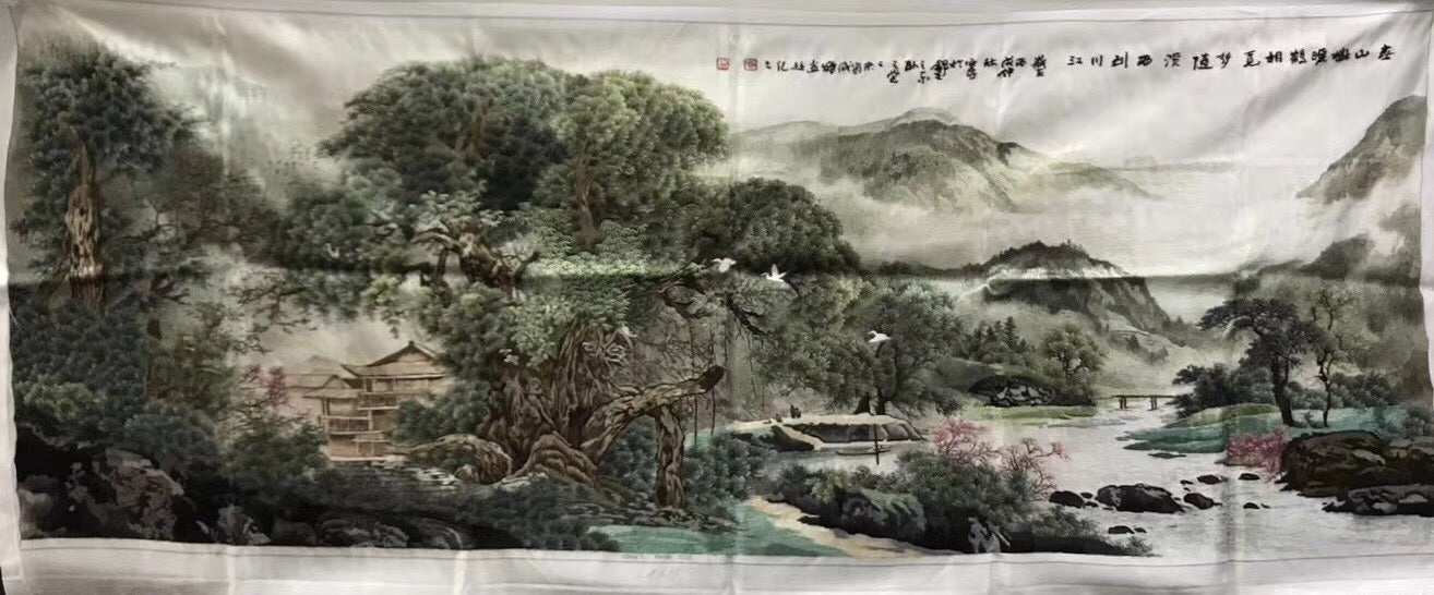 Big Hand Su Embroidery Art:Great Wall trees mountain waterfall landscape 160cm