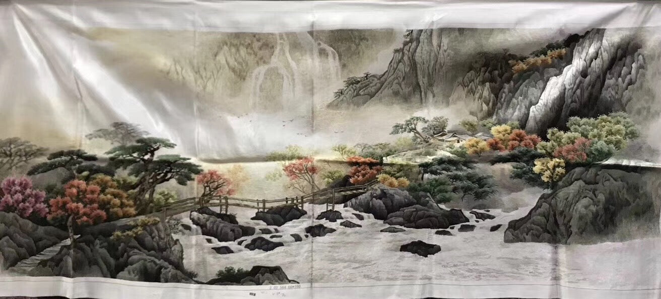 Big Hand Su Embroidery Art:Great Wall trees mountain waterfall landscape 160cm