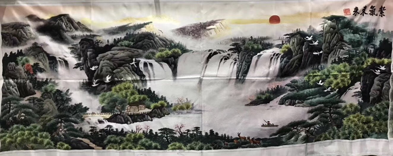 Big Hand Su Embroidery Art:Great Wall trees mountain waterfall landscape 160cm