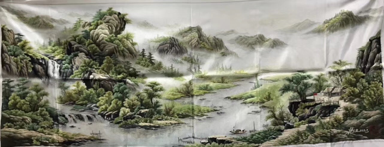 Big Hand Su Embroidery Art:Great Wall trees mountain waterfall landscape 160cm