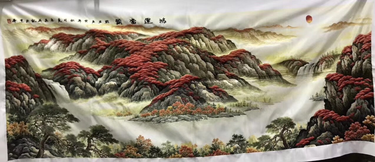 Big Hand Su Embroidery Art:Great Wall trees mountain waterfall landscape 160cm