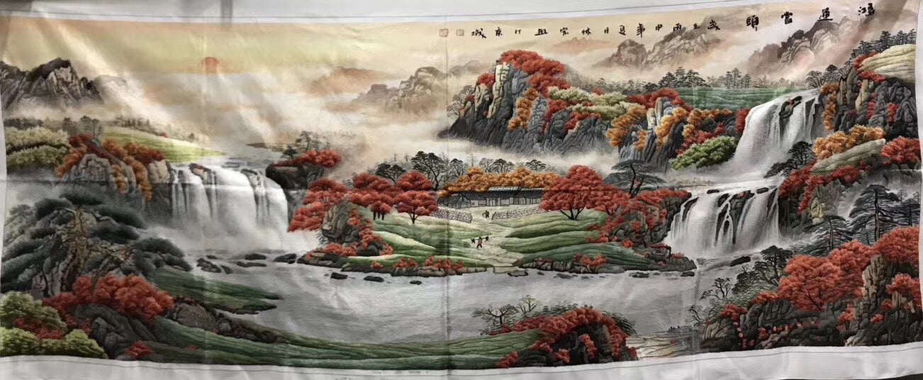 Big Hand Su Embroidery Art:Great Wall trees mountain waterfall landscape 160cm