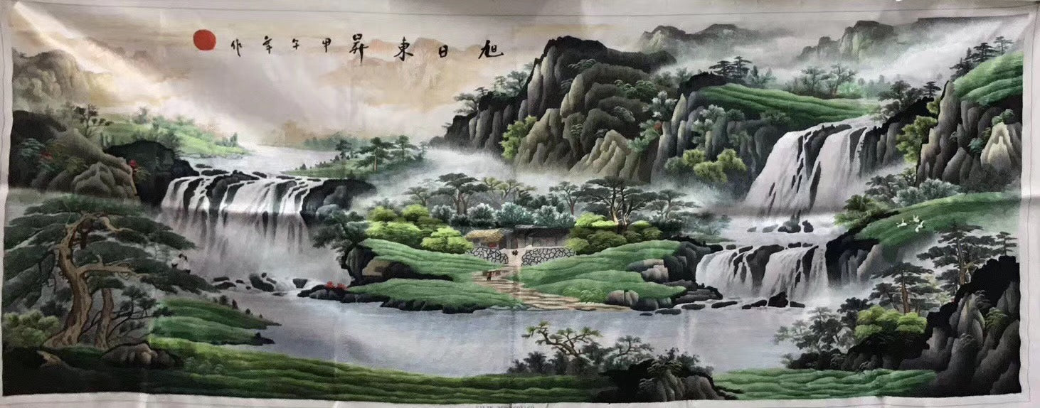 Big Hand Su Embroidery Art:Great Wall trees mountain waterfall landscape 160cm