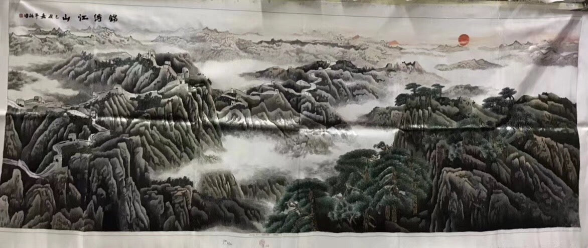 Big Hand Su Embroidery Art:Great Wall trees mountain waterfall landscape 160cm