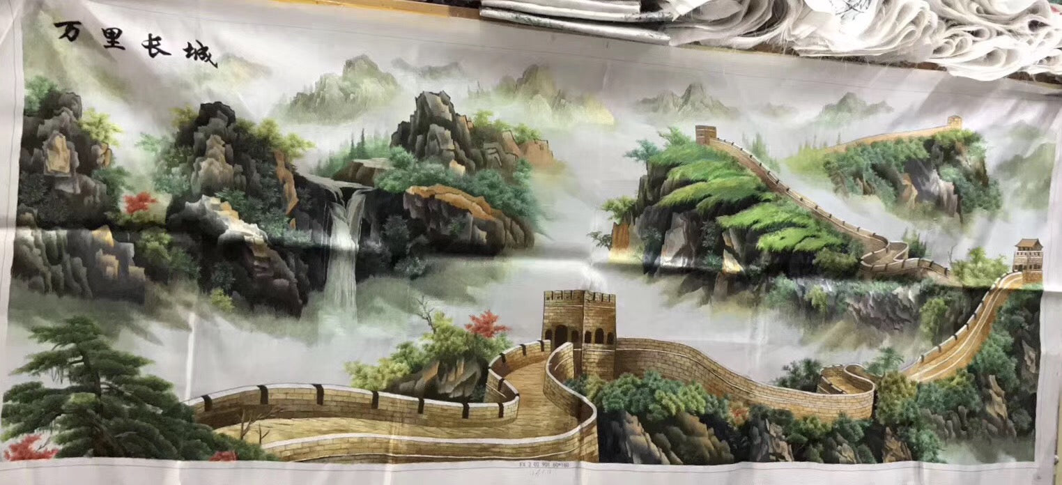 Big Hand Su Embroidery Art:Great Wall trees mountain waterfall landscape 160cm