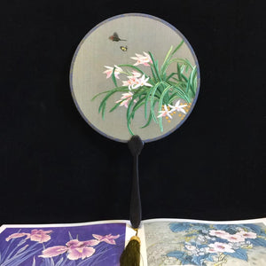 Double sided hand su embroidery fan:flower birds butterfly lotus panda fish cranes