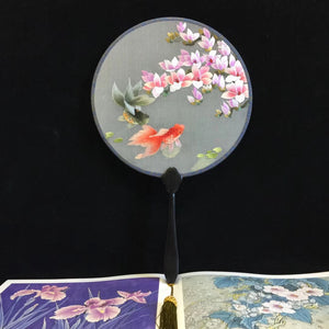 Double sided hand su embroidery fan:flower birds butterfly lotus panda fish cranes