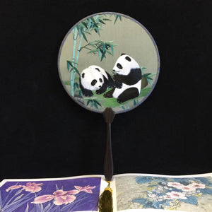 Double sided hand su embroidery fan:flower birds butterfly lotus panda fish cranes