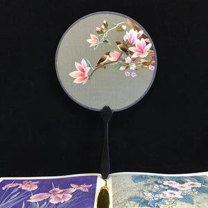 Double sided hand su embroidery fan:flower birds butterfly lotus panda fish cranes