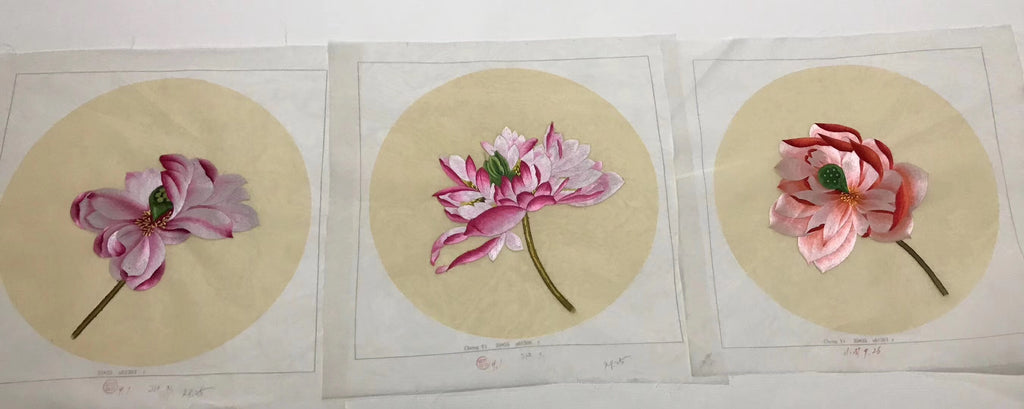 Triptych(3pieces)Hand Su Embroidery Art:flower peony lotus orchis butterfly 35cm