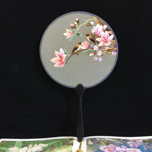 Double sided hand su embroidery fan:flower birds butterfly lotus panda fish cranes