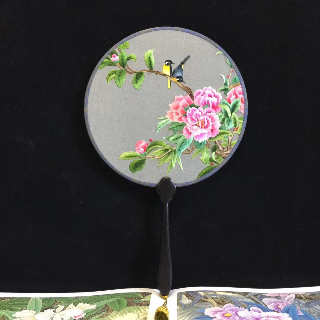 Double sided hand su embroidery fan:flower birds butterfly lotus panda fish cranes