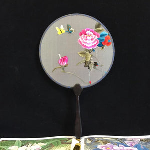 Double sided hand su embroidery fan:flower birds butterfly lotus panda fish cranes