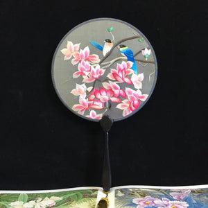 Double sided hand su embroidery fan:flower birds butterfly lotus panda fish cranes