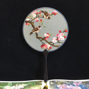 Double sided hand su embroidery fan:flower birds butterfly lotus panda fish cranes