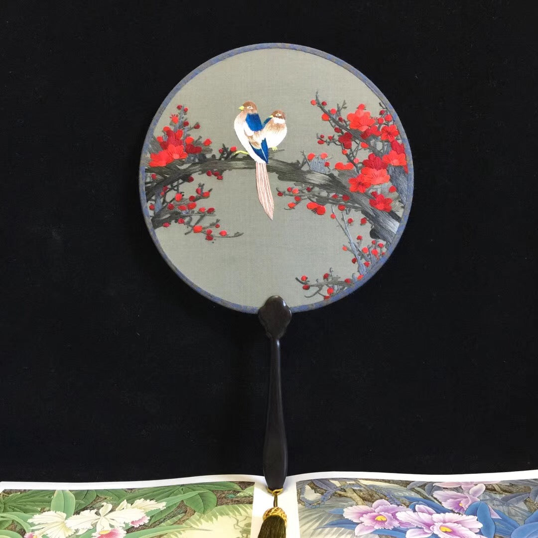 Double sided hand su embroidery fan:flower birds butterfly lotus panda fish cranes