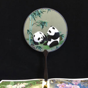 Double sided hand su embroidery fan:flower birds butterfly lotus panda fish cranes