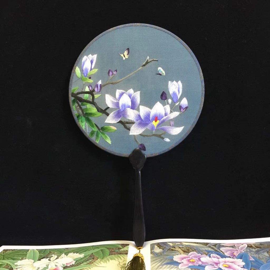 Double sided hand su embroidery fan:flower birds butterfly lotus panda fish cranes