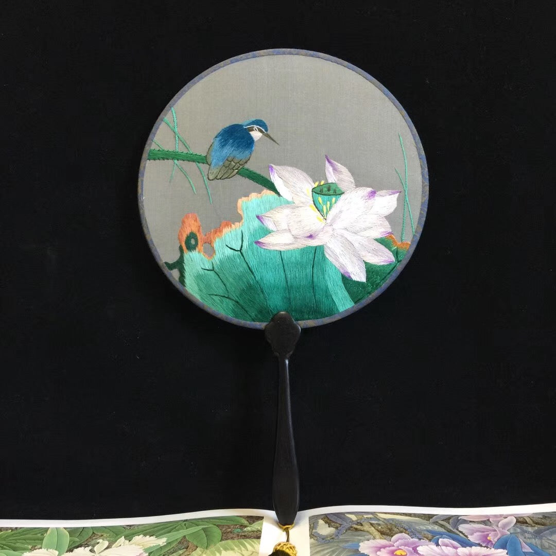 Double sided hand su embroidery fan:flower birds butterfly lotus panda fish cranes