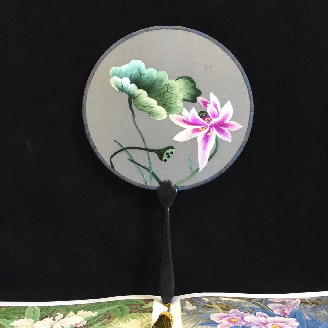 Double sided hand su embroidery fan:flower birds butterfly lotus panda fish cranes