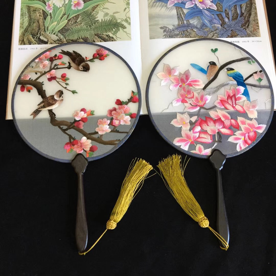 Double sided hand su embroidery fan:flower birds butterfly lotus panda fish cranes