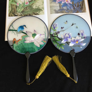 Double sided hand su embroidery fan:flower birds butterfly lotus panda fish cranes