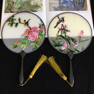 Double sided hand su embroidery fan:flower birds butterfly lotus panda fish cranes