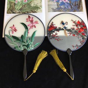 Double sided hand su embroidery fan:flower birds butterfly lotus panda fish cranes