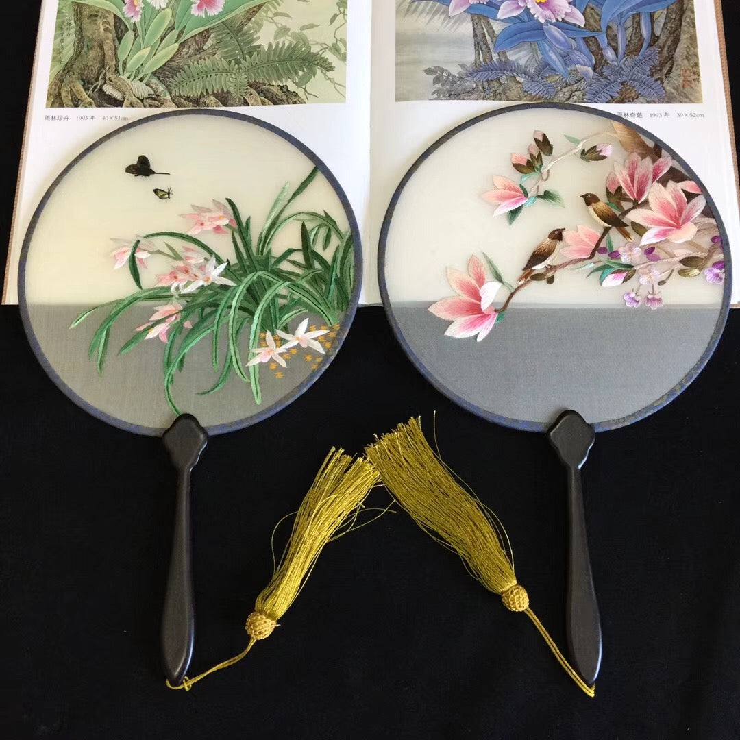 Double sided hand su embroidery fan:flower birds butterfly lotus panda fish cranes