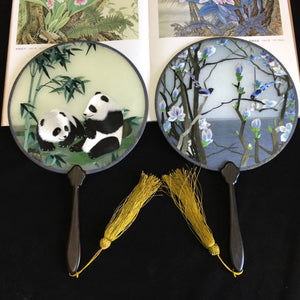 Double sided hand su embroidery fan:flower birds butterfly lotus panda fish cranes