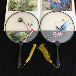 Double sided hand su embroidery fan:flower birds butterfly lotus panda fish cranes