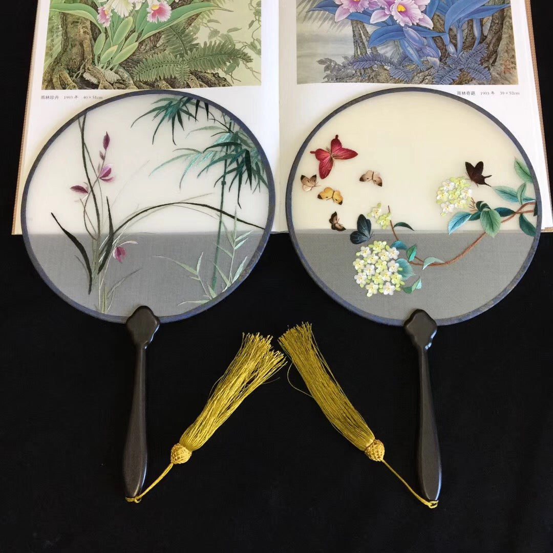 Double sided hand su embroidery fan:flower birds butterfly lotus panda fish cranes