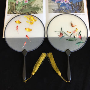 Double sided hand su embroidery fan:flower birds butterfly lotus panda fish cranes