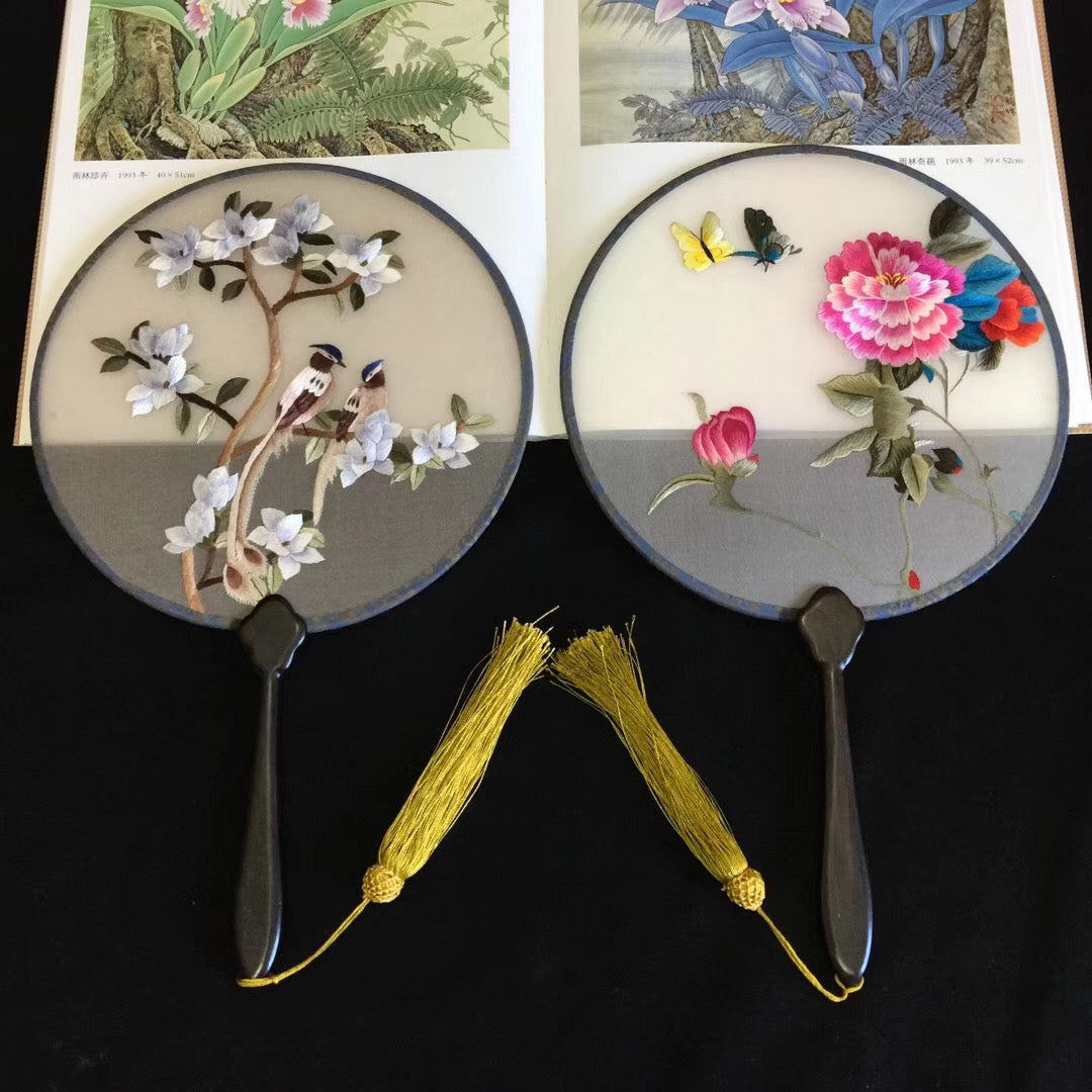 Double sided hand su embroidery fan:flower birds butterfly lotus panda fish cranes