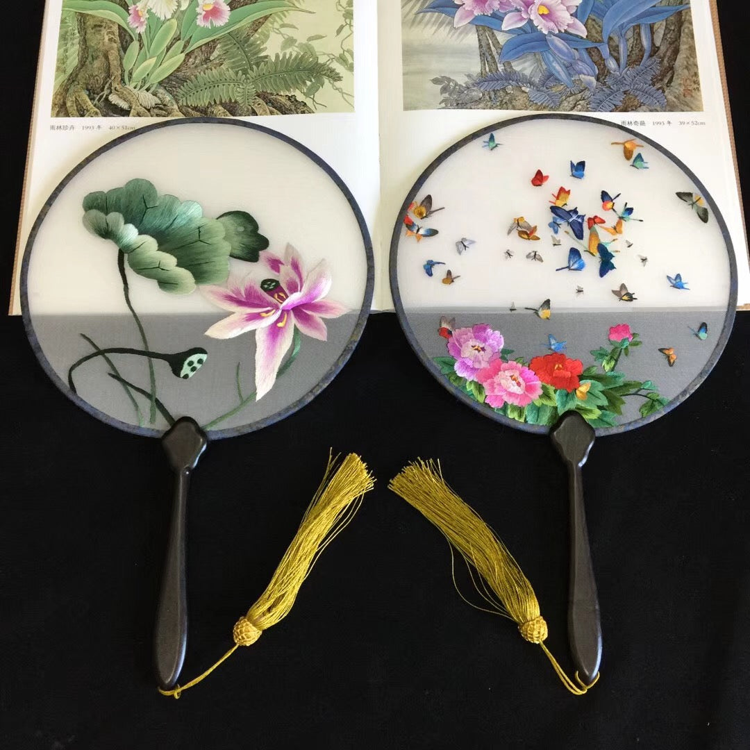 Double sided hand su embroidery fan:flower birds butterfly lotus panda fish cranes