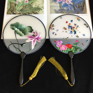 Double sided hand su embroidery fan:flower birds butterfly lotus panda fish cranes